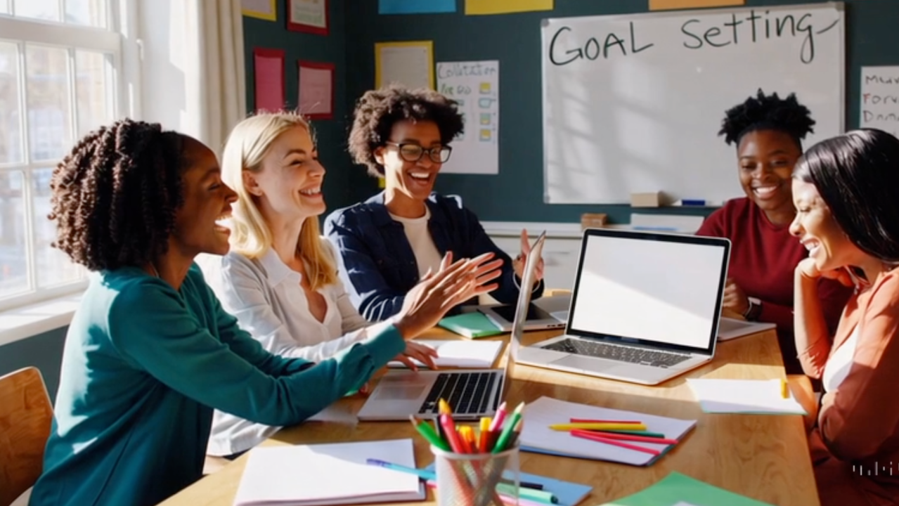 Group of happy female colleagues working together on a project in a bright conference room